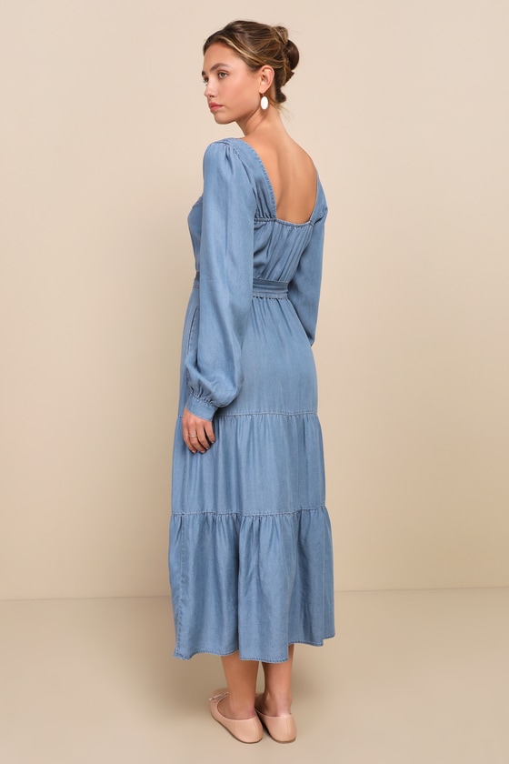 Shop Lulus Prettiest Dear Blue Chambray Long Sleeve Midi Dress With Pockets