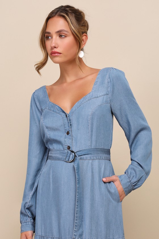 Light Blue Chambray Dress - Tiered Midi Dress - Belted Midi