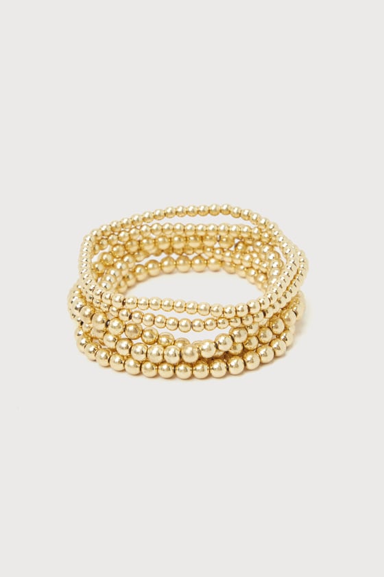 Women’s Gold Beaded Bracelet Set – Non-Tarnish Cross Pearl Stretch Bracelet – Chunky Stackable Jewelry For Layering & Gifting