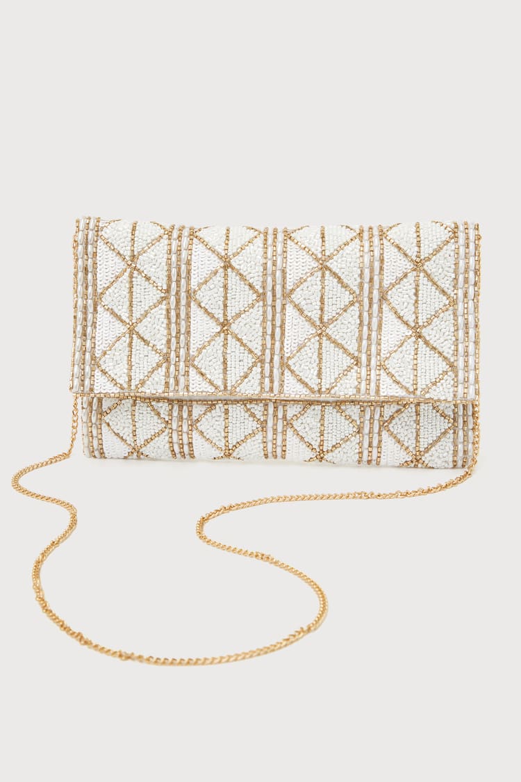 Glowing Perception Ivory and Gold Geometric Beaded Sequin Clutch
