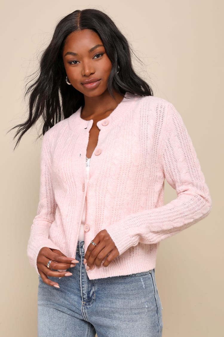 Wondrously Cozy Light Pink Cable Knit Button-Up Cardigan Sweater