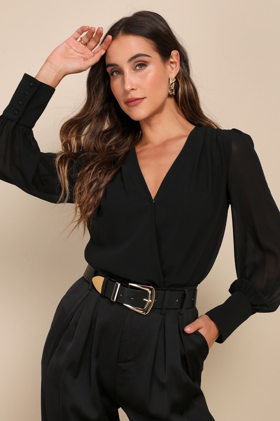 Lulus Sophisticated Aspect Black Chiffon Surplice Long Sleeve Bodysuit