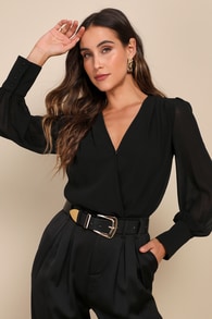 Sophisticated Aspect Black Chiffon Surplice Long Sleeve Bodysuit 1