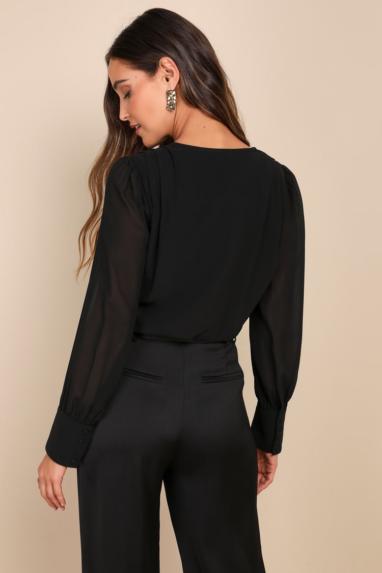 Sophisticated Aspect Black Chiffon Surplice Long Sleeve Bodysuit