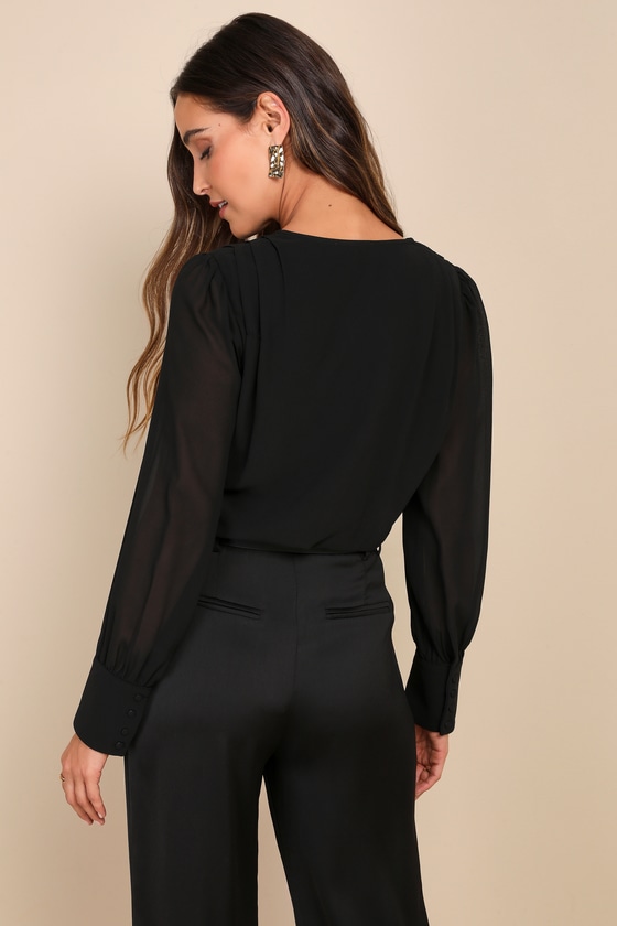 Sophisticated Aspect Black Chiffon Surplice Long Sleeve Bodysuit 5