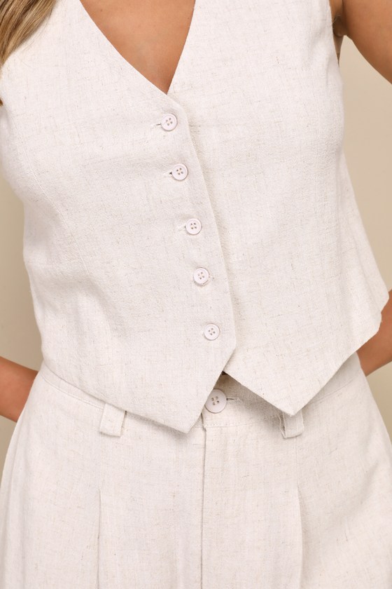 Suits You Perfectly Beige Linen Vest - thumbnail 4
