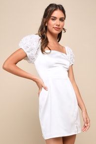 Precious Enchantment White Satin Floral Puff Sleeve Mini Dress