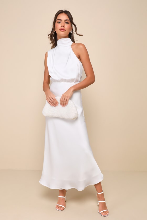 Lulus Distinctive Charm White Satin Asymmetrical Midi Dress