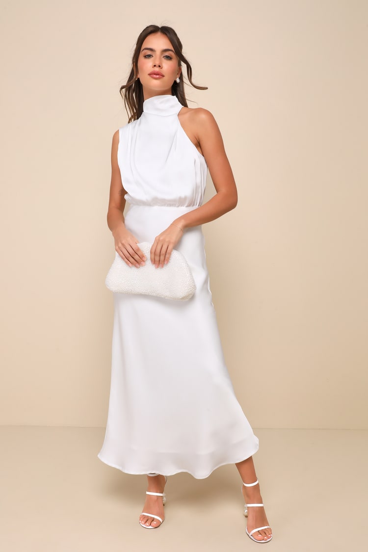 White Satin Asymmetrical Midi Dress | Womens | X-Large (Available in M, L) | 100% Polyester | Lulus