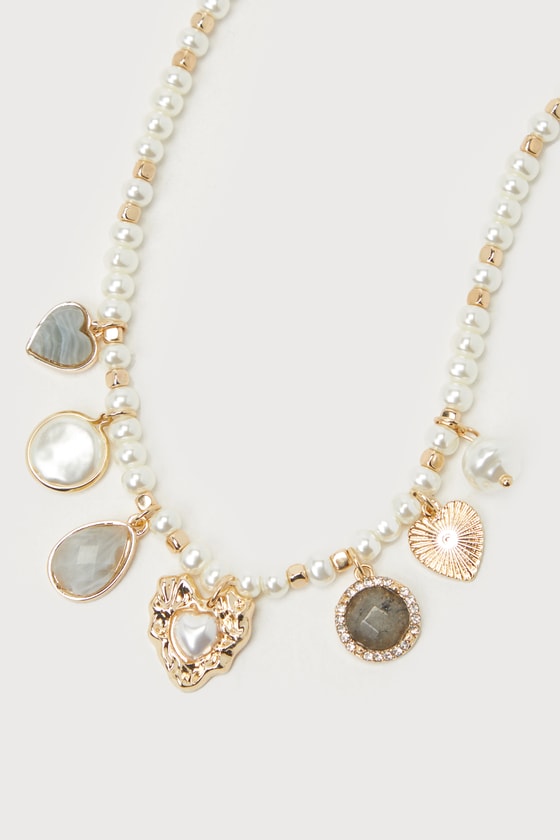 Adorably Eclectic Gold Pearl Rhinestone Charm Necklace 4