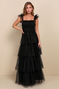 Tulle For Love Black Mesh Tulle Tiered Ruffled Maxi Dress