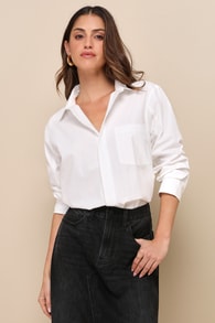 Classic Ideal White Cotton Long Sleeve Collared Button-Up Top