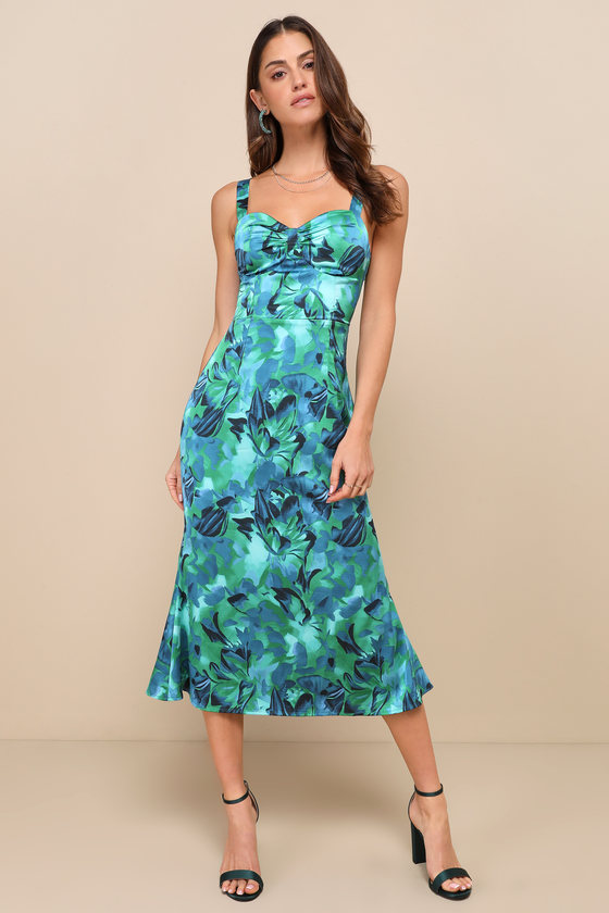 Easily Impressing Blue and Green Floral Satin Bustier Midi Dress 1