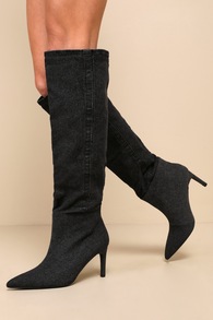 Charline Black Denim Knee-High Pointed-Toe Boots