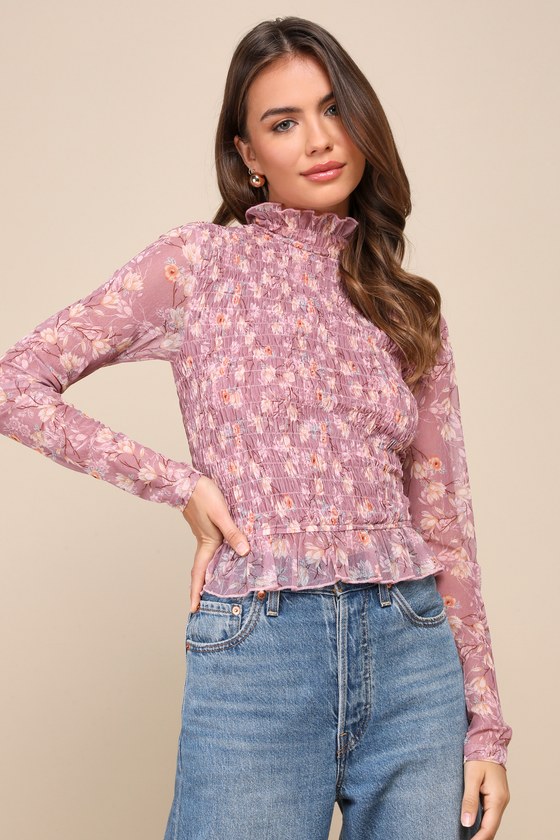 Lulus Sophisticated Blossom Mauve Mesh Floral Smocked Mock Neck Top