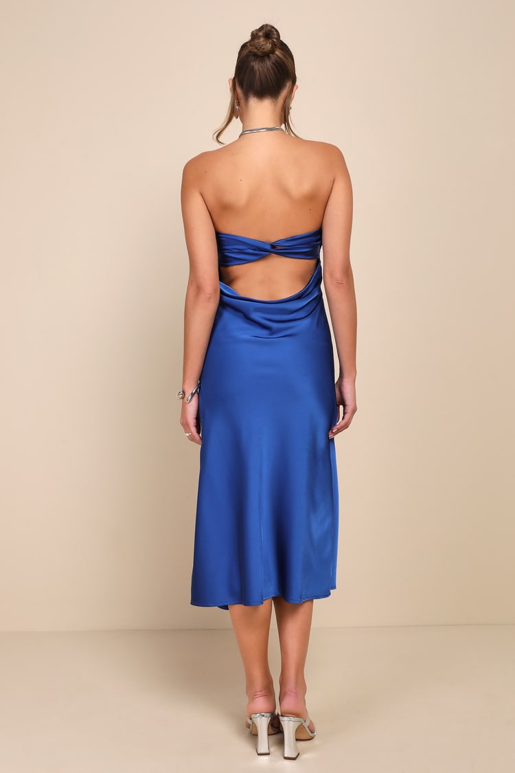 Effortless Bliss Royal Blue Satin Strapless Cowl Back Midi Dress