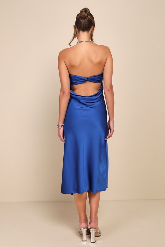 Effortless Bliss Royal Blue Satin Strapless Cowl Back Midi Dress 3