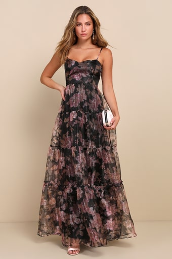 Exclusive Glamour Black Floral Organza Tiered Maxi Dress 1