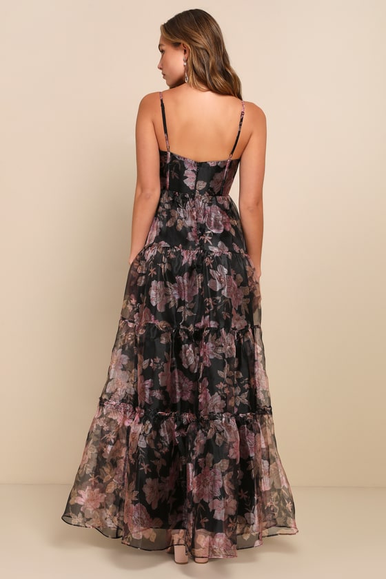 DŌRA TIER TULLE MAXI / MELLOW BLACK Exclusive Glamour Black Floral Organza Tiered Maxi Dress - Lulus