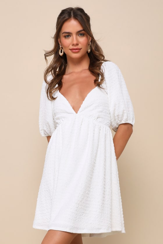 White Babydoll Mini Dress - Textured Mini Dress - Tie-Back Dress - Lulus