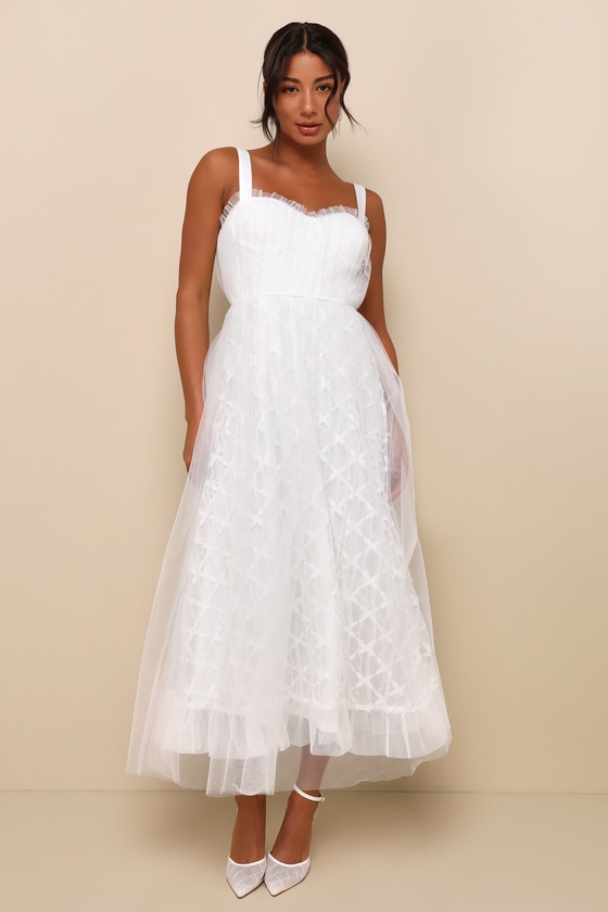Lulus Ethereal Impression White Tulle Ruffled Bustier Midi Dress