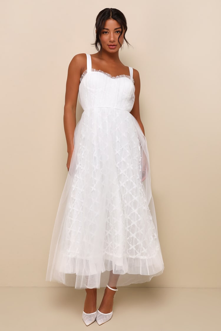 White Tulle Ruffled Bustier Midi Dress | Womens | Medium (Available in L) | 100% Polyester | Lulus