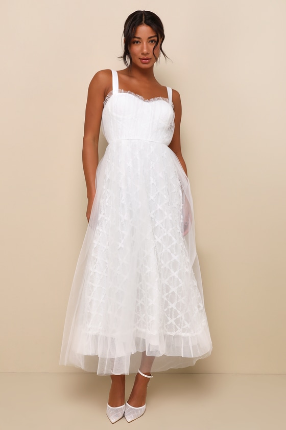 Ethereal Impression White Tulle Ruffled Bustier Midi Dress 1