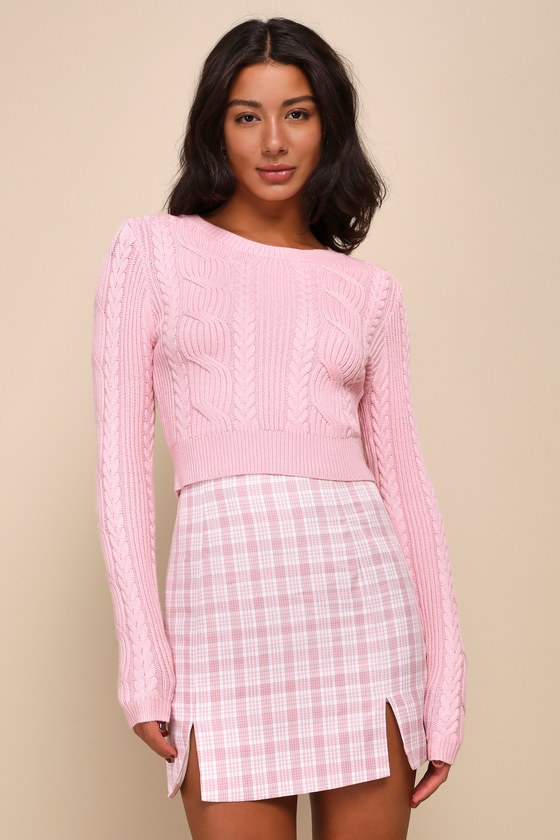 Lulus Cuddly Contentment Light Pink Cable Knit Cropped Sweater