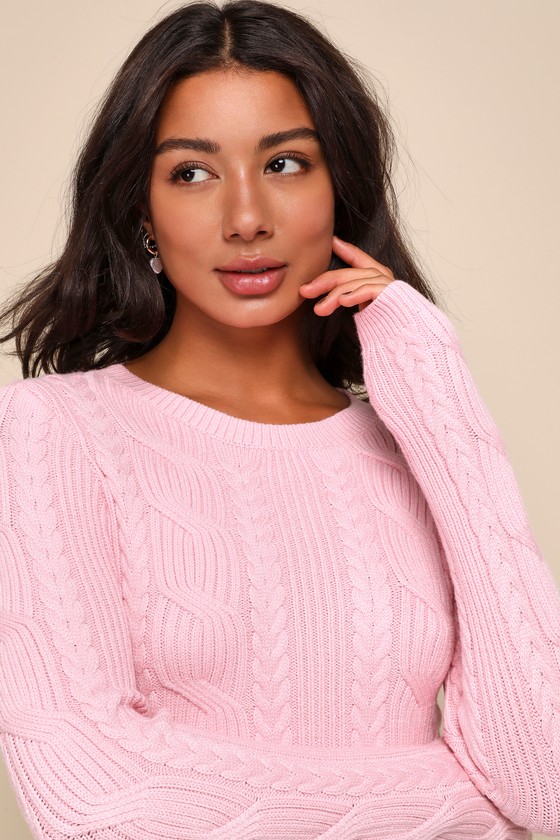 Light Pink Cropped Sweater Cable Knit Sweater Pink Sweater Lulus