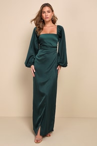 Eternal Heart Emerald Green Satin Long Sleeve Maxi Dress 1