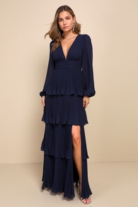 Graceful Finesse Navy Blue Pleated Long Sleeve Maxi Dress