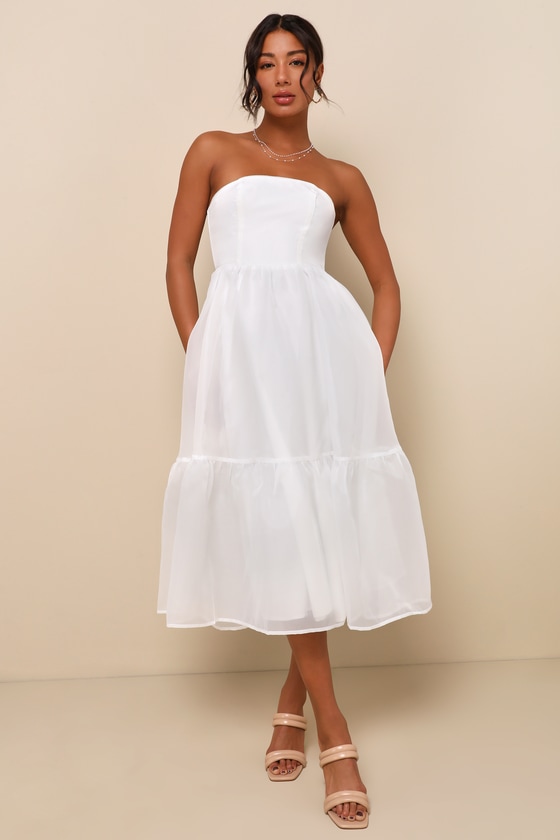 Lulus Elegant Dedication White Organza Strapless Tiered Midi Dress