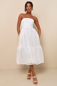 Elegant Dedication White Organza Strapless Tiered Midi Dress