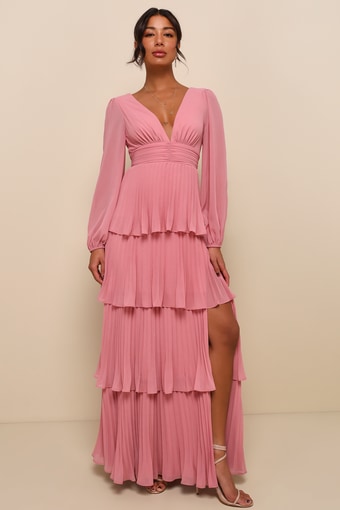 Graceful Finesse Dusty Rose Pleated Long Sleeve Maxi Dress 1