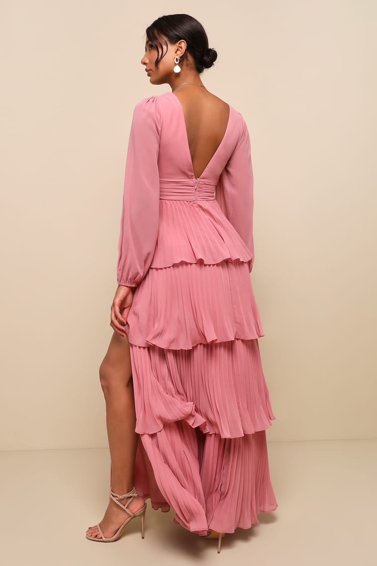 Graceful Finesse Dusty Rose Pleated Long Sleeve Maxi Dress
