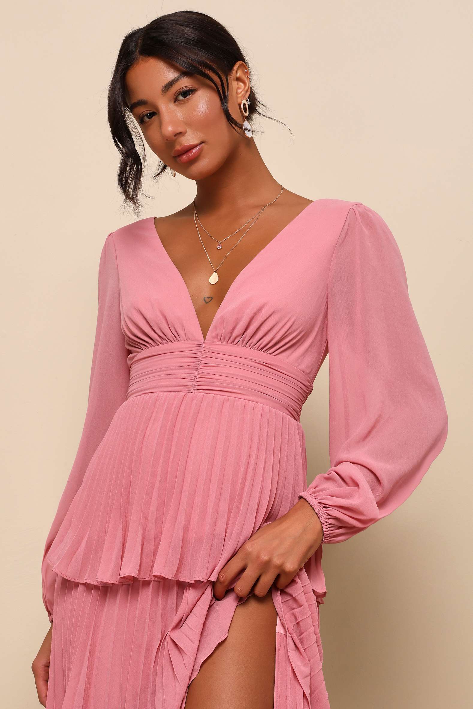 Graceful Finesse Dusty Rose Pleated Long Sleeve Maxi Dress