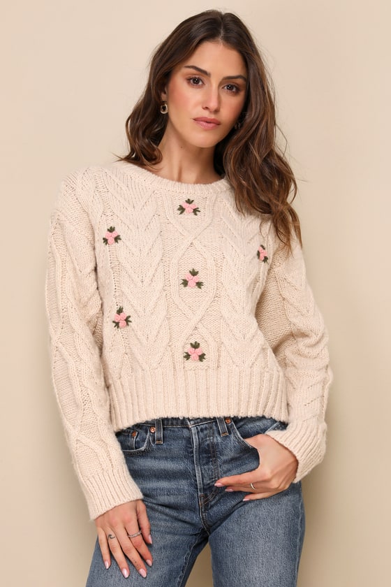 Cuddly Darling Beige Floral Cable Knit Pullover Sweater 1
