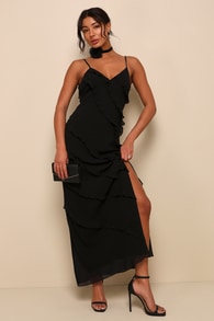Sensational Possibilities Black Sleeveless Ruffled Maxi Dress