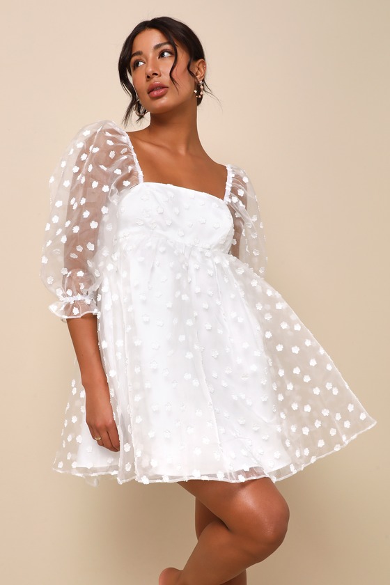 Lulus Effervescent Charm White Organza Floral Babydoll Mini Dress