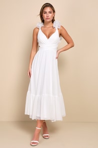 Contemporary Poise White Pleated Ruffled Lace-Up Midi Dress