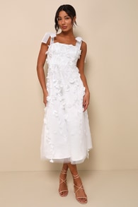 Effortlessly Sweet White Tulle 3D Floral Tie-Strap Midi Dress