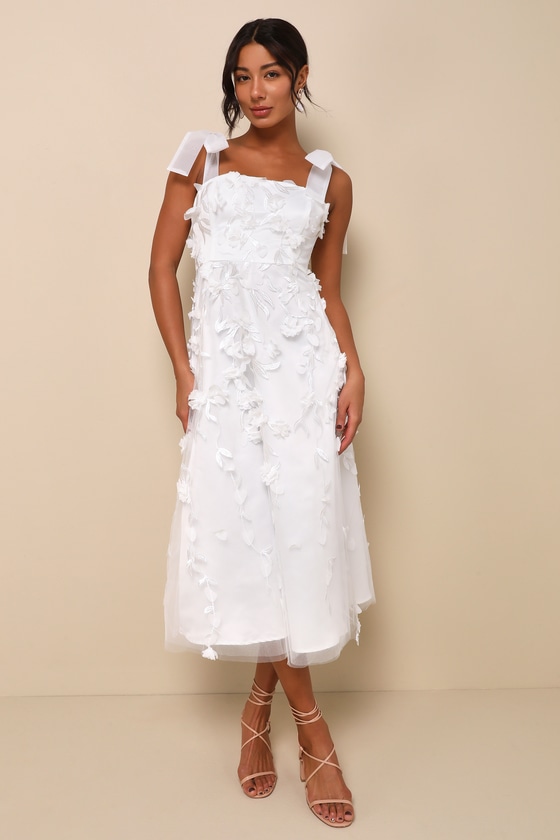 Effortlessly Sweet White Tulle 3D Floral Tie-Strap Midi Dress 1