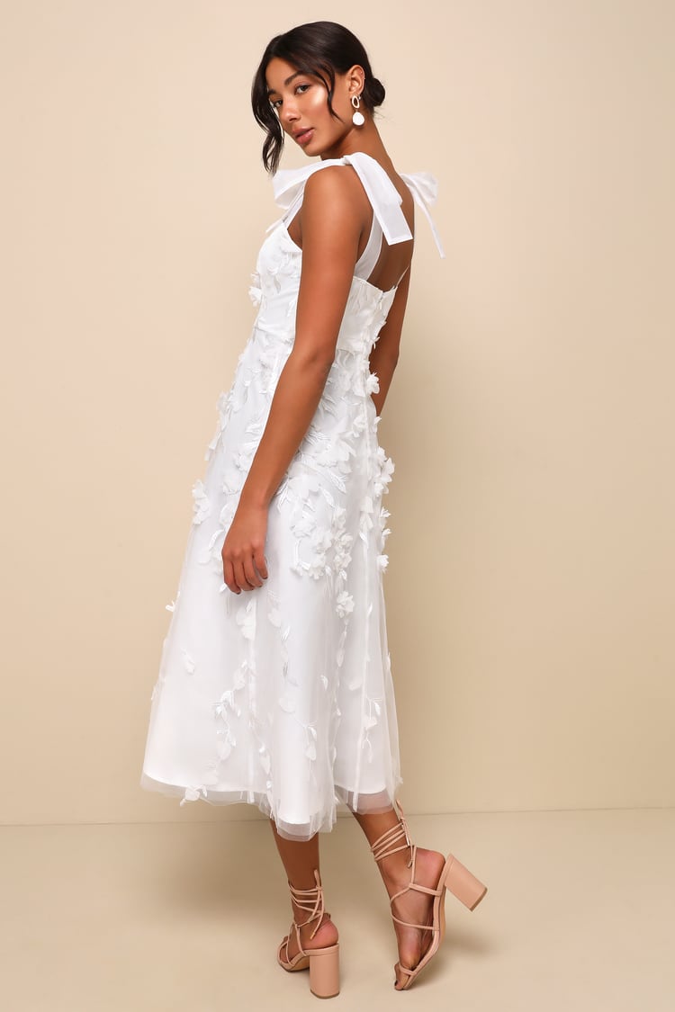 Effortlessly Sweet White Tulle 3D Floral Tie-Strap Midi Dress