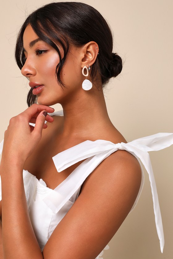 White Tulle Dress - 3D Floral Dress - Tulle Tie-Strap Midi Dress - Image 3