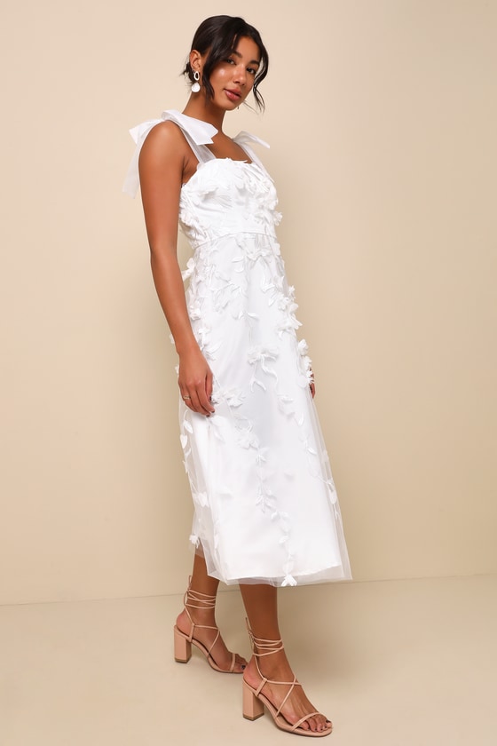 White Tulle Dress - 3D Floral Dress - Tulle Tie-Strap Midi Dress - Image 4