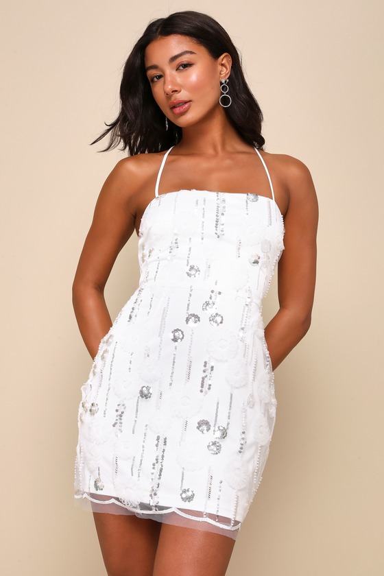 Sparkly Icon White Tulle 3D Floral Sequin Lace-Up Mini Dress 4