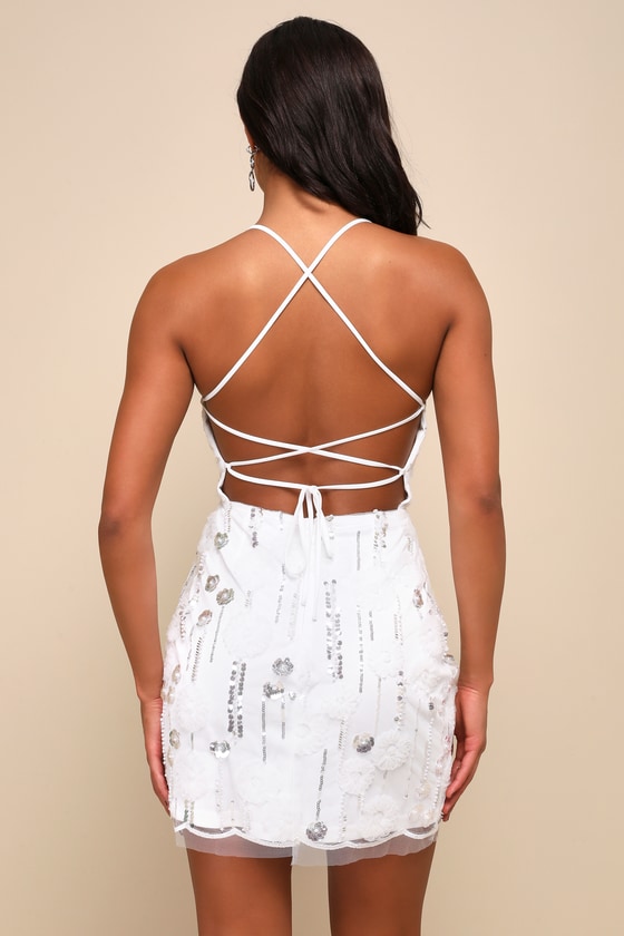 Sparkly Icon White Tulle 3D Floral Sequin Lace-Up Mini Dress 3
