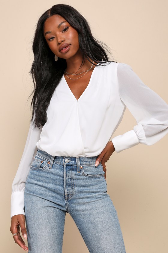 Ivory Chiffon Bodysuit - Surplice Bodysuit - Long Sleeve Bodysuit - Lulus