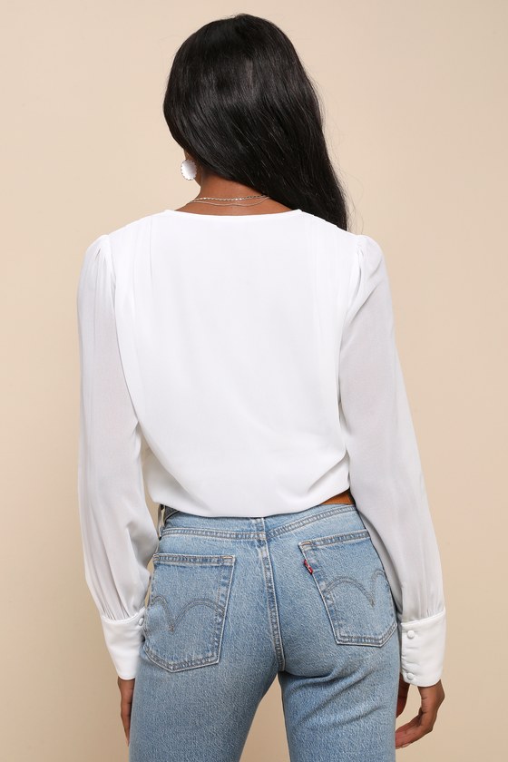 Sophisticated Aspect Ivory Chiffon Surplice Long Sleeve Bodysuit 3