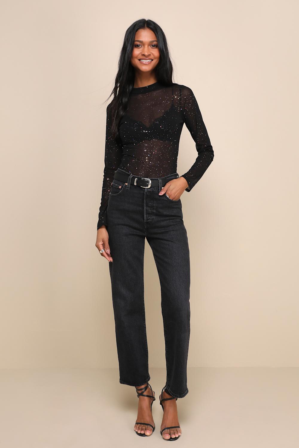 Strike an Attitude Black Mesh Multi Embellished Mesh Bodysuit